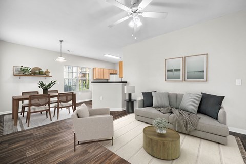 a living room with a couch and a table
